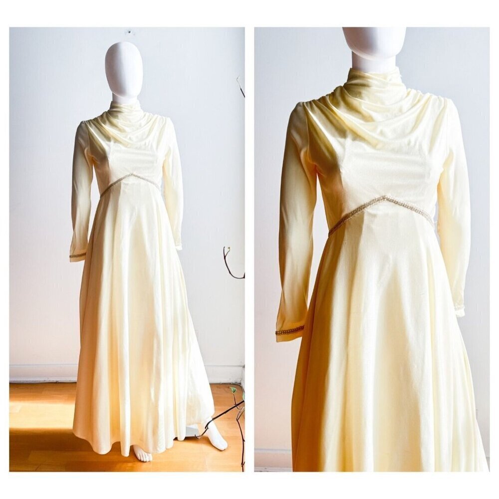 Vintage Pastel Yellow Draped Neck Empire Waist A Line Maxi Dress S